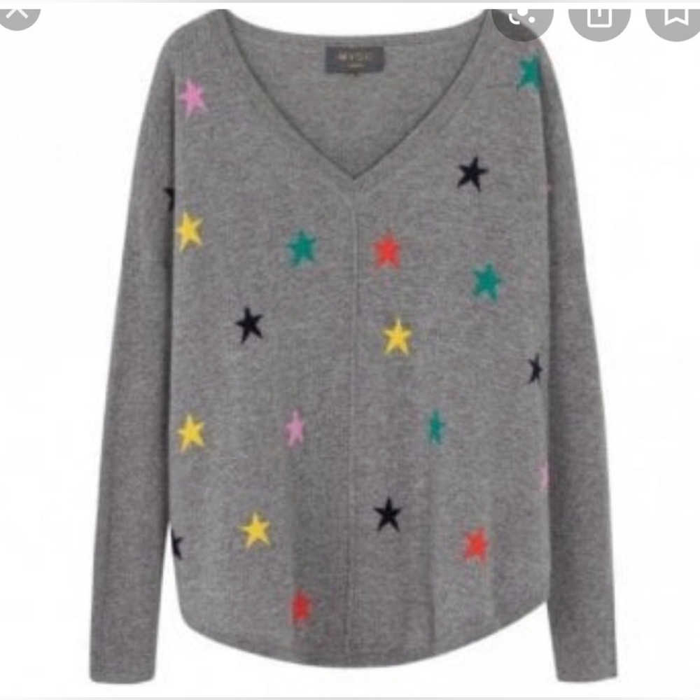 Wyse London 100% cashmere gray multi star high low crop sweater v neck S/M